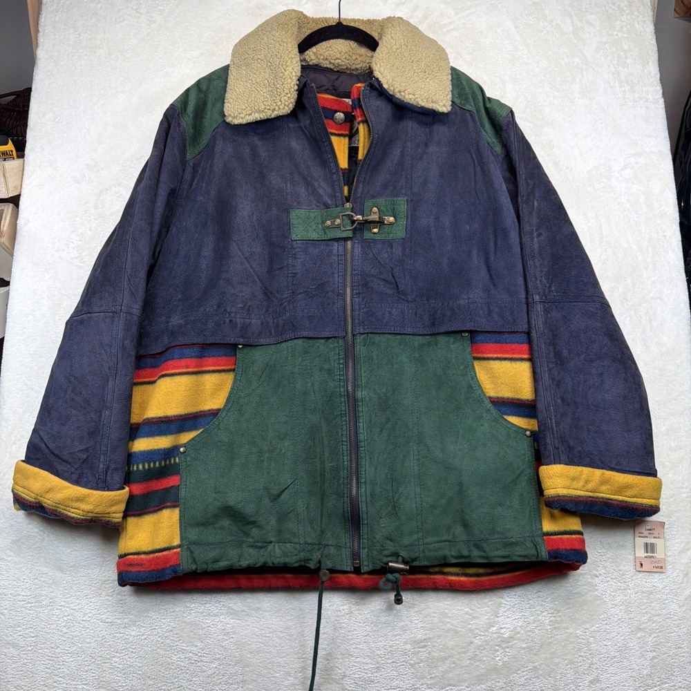Vintage 90s Bad Lands Mens L Suede Leather Fireman Jacket Colorblock NWT